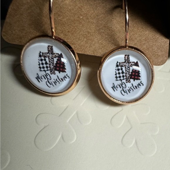 ❄️ SALE! NEW Holiday Rose Gold Leverback Christmas Earrings Animal Print Cross - Picture 4 of 11